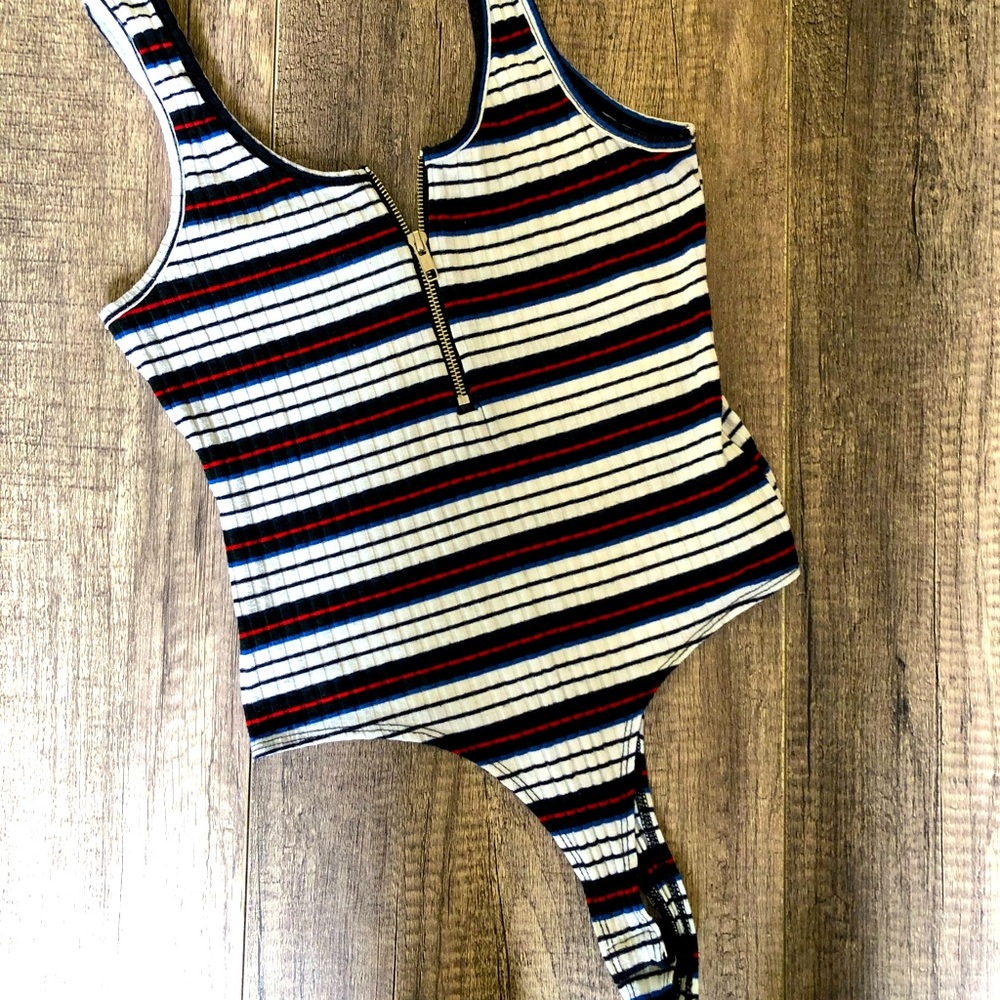 CHARLOTTE RUSSE red white and blue snap body suit